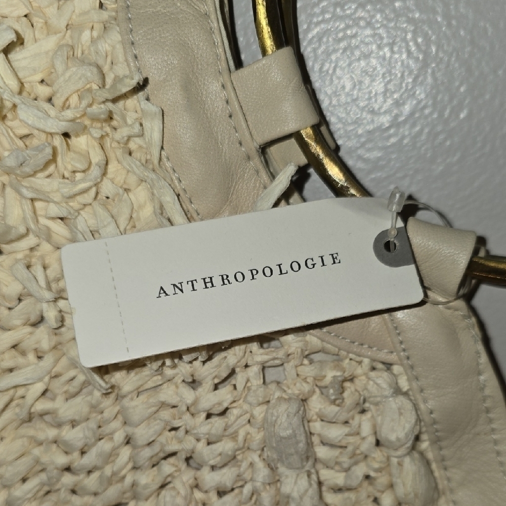 Anthropologie Beige Textured Tote with Gold Ring Handles NWT LOT-Q - Picture 3 of 11